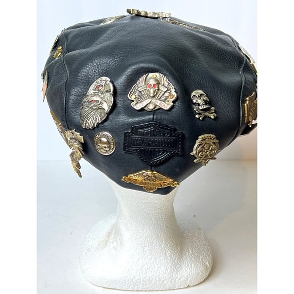 Harley Davidson Leather Cap with Pinback Pins Newsboy 2Large 26 Pins Vintage - Picture 4 of 14